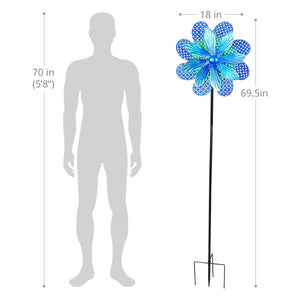 Stamped Blue Metal Double Pinwheel Kinetic Flower Garden Spinner Stake, 18 by 70 Inches | Shop Garden Decor by Exhart