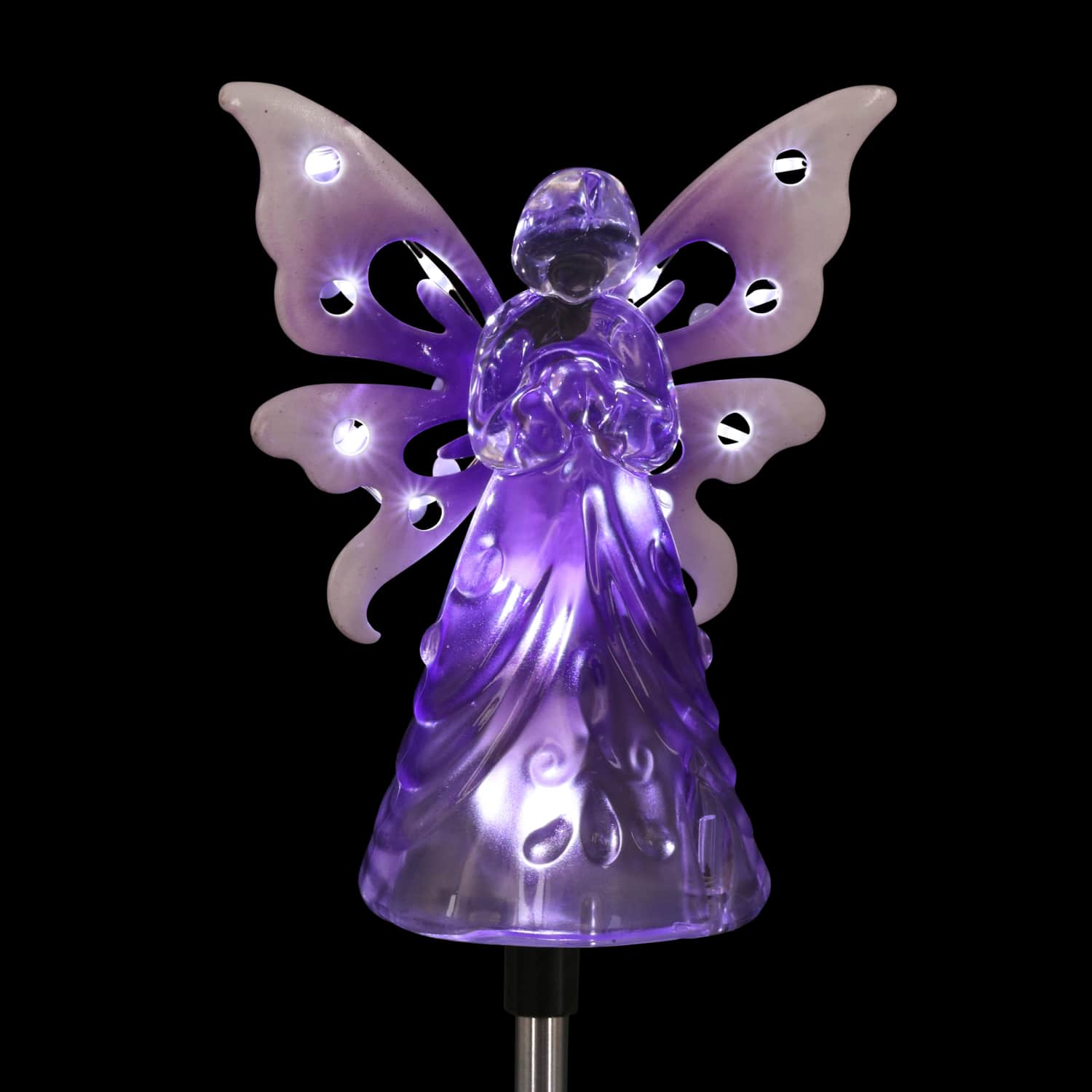 Solar Acrylic Angel with Wings and Twelve LED lights Metal Garden Stake in Purple, 4 by 34 Inches | Exhart