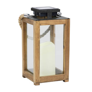 Solar Wood and Glass Lantern w/LED Candle, 5"x5"x11" | Shop Garden Decor by Exhart