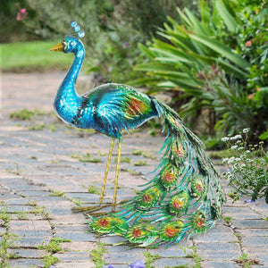 Hand Painted Majestic Metal Standing Peacock Garden Statue, 15 by 24 Inches | Shop Garden Decor by Exhart