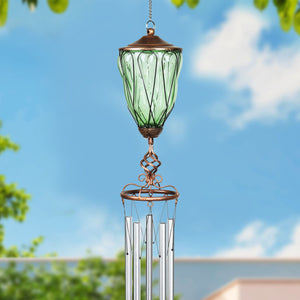 Solar Metal Wire and Glass Wind Chime in Green with Looping Pattern and Nine LED Fairy Firefly String Lights, 6  by 32 Inches | Exhart