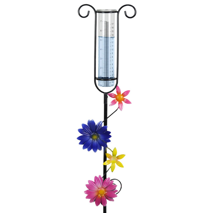 Glass and Metal Rain Gauge Garden Stake with Multicolored Hand Painted Pink, Blue, Yellow and Purple Flowers, 42 Inches