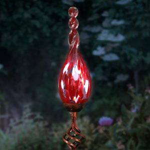 Solar Hand Blown Red Glass Twisted Flame Garden Stake with Metal Finial Detail, 36 Inch | Shop Garden Decor by Exhart