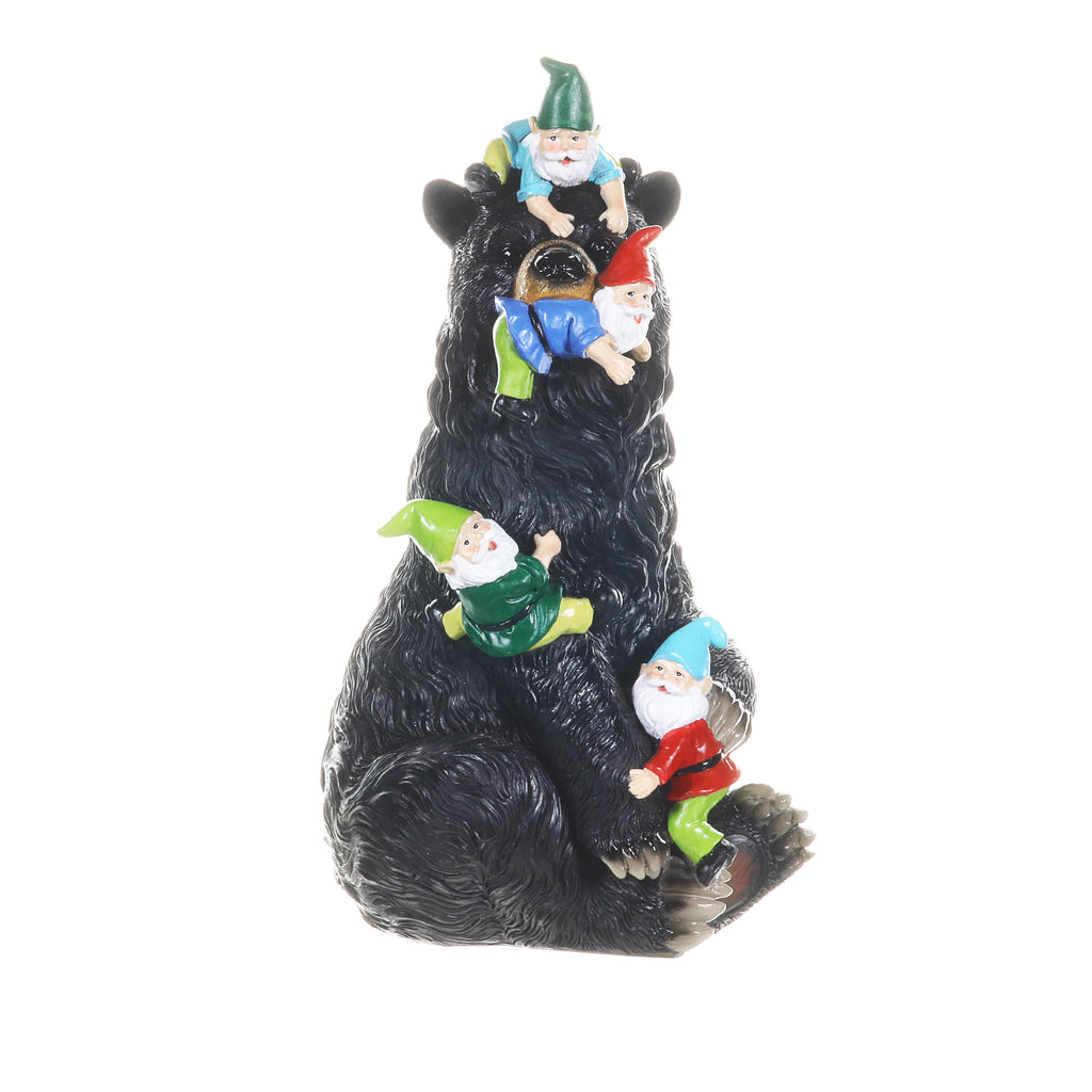 Bear Garden Statue with Gnomes, Hand Painted, UV-Treated Resin, 6.5 x 12 Inches