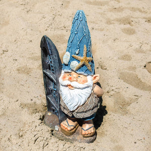 Solar Good Time Surfing Sol Beach Bum Gnome Garden Statue with Relax Marquee Surfboard Sign, 15.5 Inch | Exhart