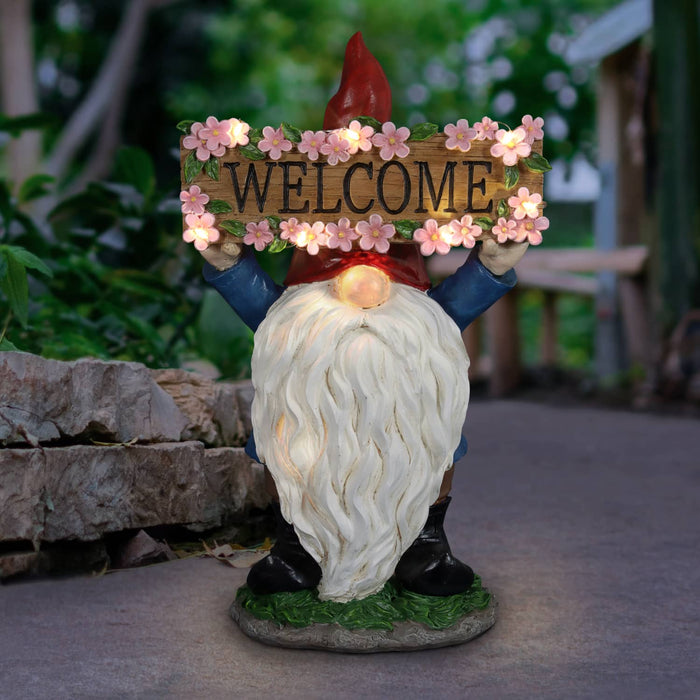 Solar Hand Painted Gnome with a Pink Flowered Welcome Sign Garden Statue, 7 by 11.5 Inches