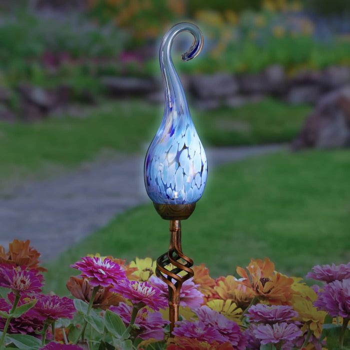 Solar Pearlized Glass Spiral Flame Garden Stake with Metal Finial Detail in Light Blue, 36 Inch