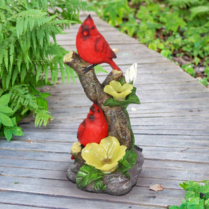 Cardinals with Solar Flowers on a Branch Hand Painted Garden Statue, 12 Inch | Shop Garden Decor by Exhart