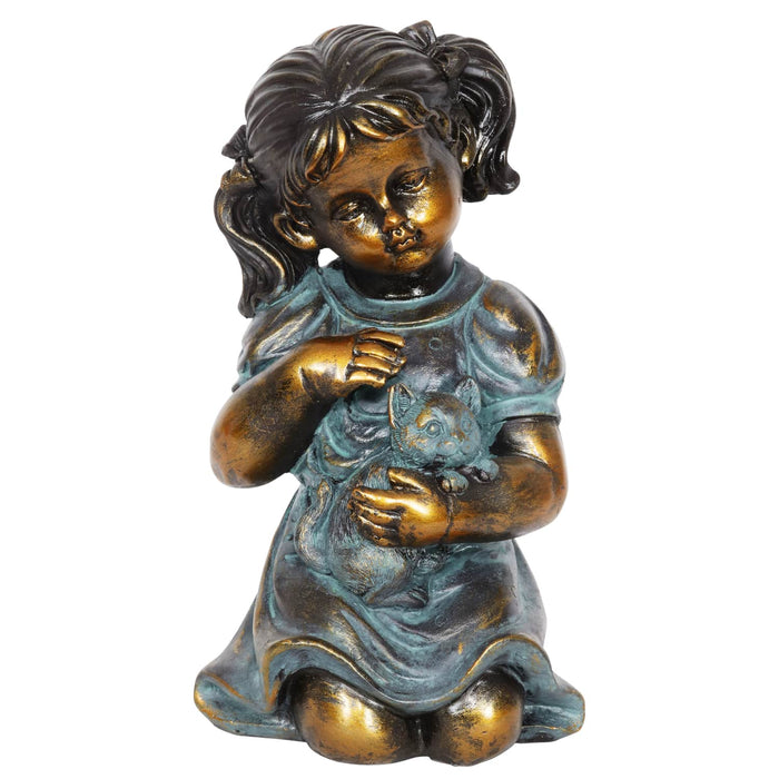 Bronze Look Girl and Kitten Garden Statue, 10.5 Inches