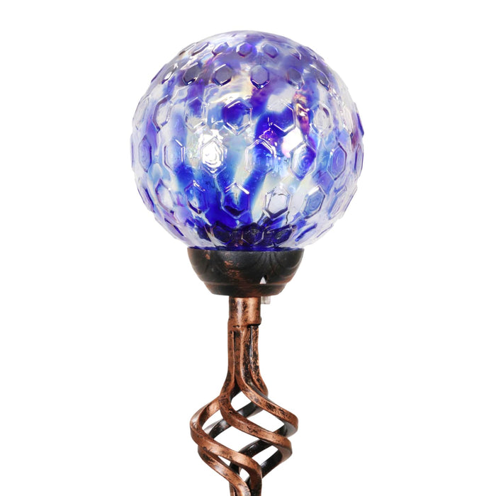 Solar Pearlized Honeycomb Glass Ball Garden Stake with Metal Finial in Dark Blue, 4 by 31 Inches