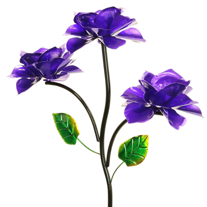 Triple Rose Flower Wind Spinner Garden Stake Hand Painted in Metallic Purple, 20 by 54 Inches
