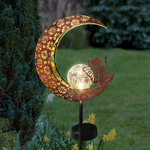 Solar Filigree Metal Moon Stake with Glass Crackle Ball Center in Bronze, 7 by 39 Inches | Shop Garden Decor by Exhart