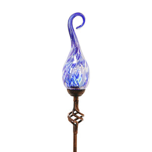 Solar Hand Blown Pearlized Blue Glass Spiral Flame Garden Stake with Metal Finial Detail, 36 Inch | Exhart