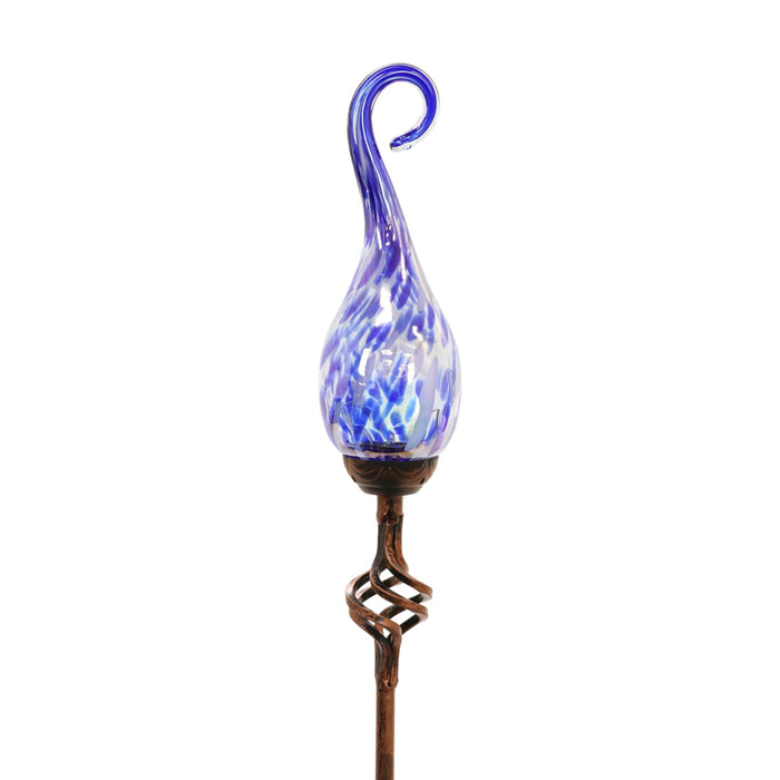 Solar Hand Blown Pearlized Blue Glass Spiral Flame Garden Stake with Metal Finial Detail, 36 Inch