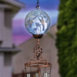 Solar Pearlized Light Blue Honeycomb Glass Ball Wind Chime with Metal Finial Detail, 5 by 46 Inches | Exhart