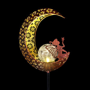 Solar Filigree Metal Moon Stake with Glass Crackle Ball Center in Bronze, 7 by 39 Inches | Shop Garden Decor by Exhart