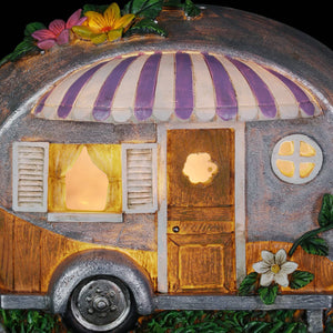 Solar Hand Painted Camping Trailer Statue with Lavender Awning, 5 by 6.5 Inches | Shop Garden Decor by Exhart