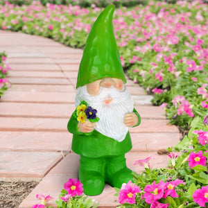 Solar Green Gilbert Woodland Garden Gnome Statue with Mushroom, 11 Inch | Shop Garden Decor by Exhart