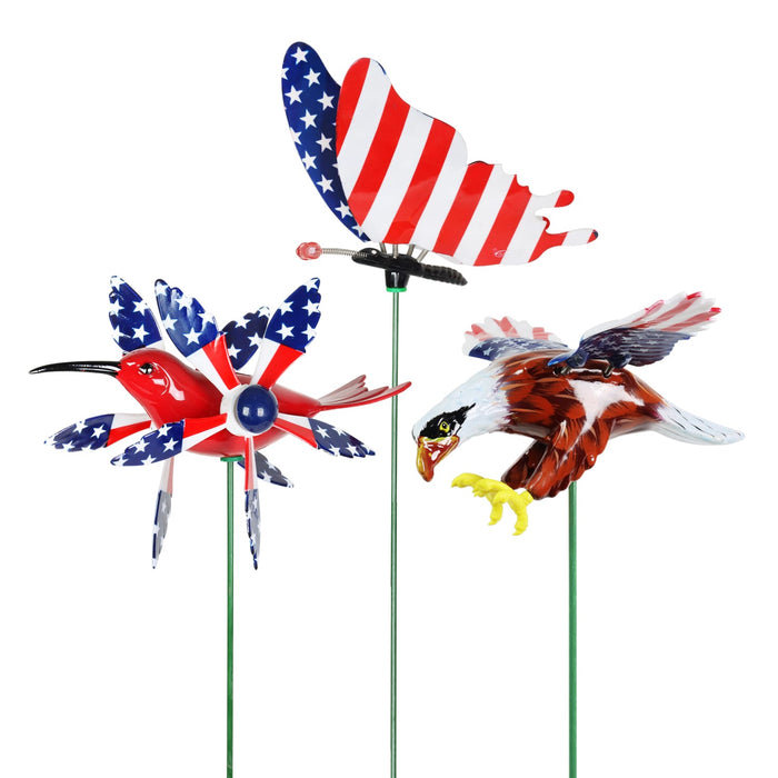 Set of 3 Patriotic WindyWings Garden Stake Assortment in Butterfly, Hummingbird Whirligig and Eagle, 7 by 30 Inches