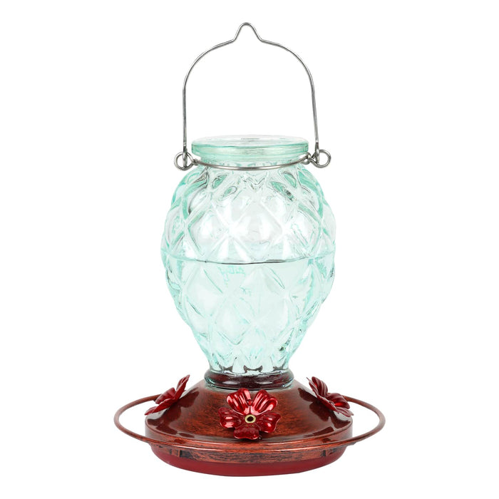 Hanging Green Glass Hummingbird Feeder with Bronze Metal Base, 6.5 x 6.5 x 7.5 Inches