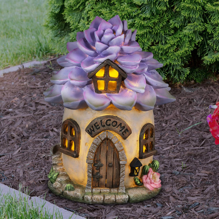 Solar Hand Painted Fairy House Garden Statue, Welcome Sign and Purple Succulent Petal Roof, 7 by 9 Inches