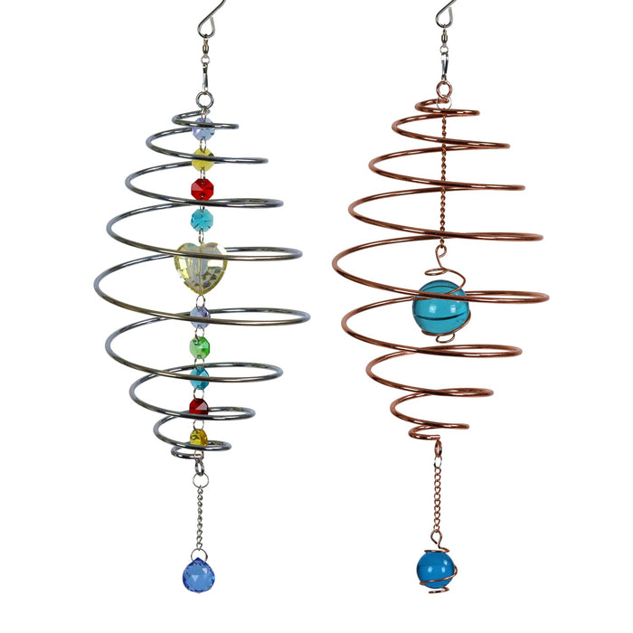 2 Piece Copper and Silver Metal Spinning Spiral with Crystal Accents Hanging Decor, 15.5 Inches
