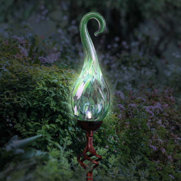 Solar Hand Blown Pearlized Green Glass Spiral Flame Garden Stake with Metal Finial Detail, 36 Inch