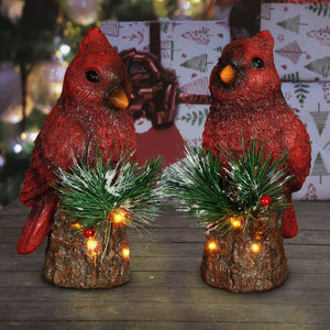 Two Piece Hand Painted Christmas Cardinal Statues with LED lights on a Battery Powered Timer, 8 Inch | Exhart