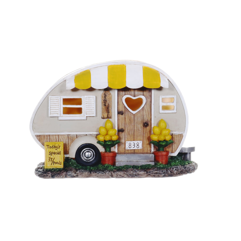 Solar Hand Painted Lemonade Camping Trailer Statue, 9.5 by 6 Inches