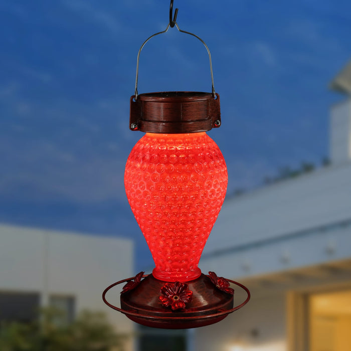 Solar Hanging Hummingbird Feeder with Illuminating Scarlet Glass, Bronze Metal Top and Base, 6.5 x 6.5 x 9.5 Inches
