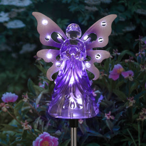 Solar Acrylic Angel with Wings and Twelve LED lights Metal Garden Stake in Purple, 4 by 34 Inches | Exhart