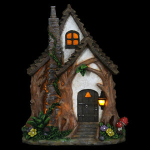 Solar Whimsical Tree Trunk Fairy Cottage Garden Statue, 11 Inch | Shop Garden Decor by Exhart