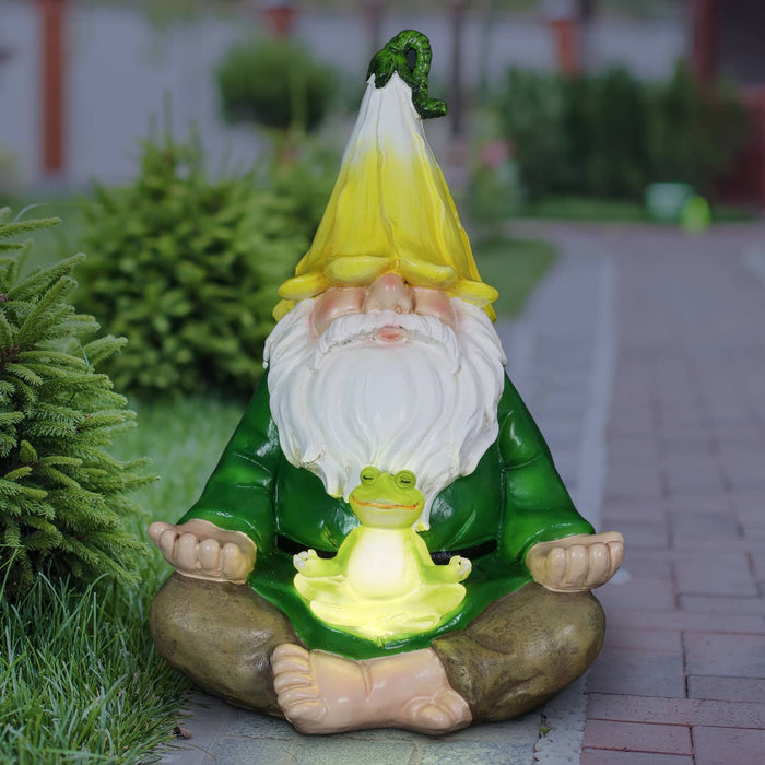 Solar Good Time Meditating Gnamaste Gnome in Lotus Position with Frog Garden Statuary, 8 by 10.5 Inch