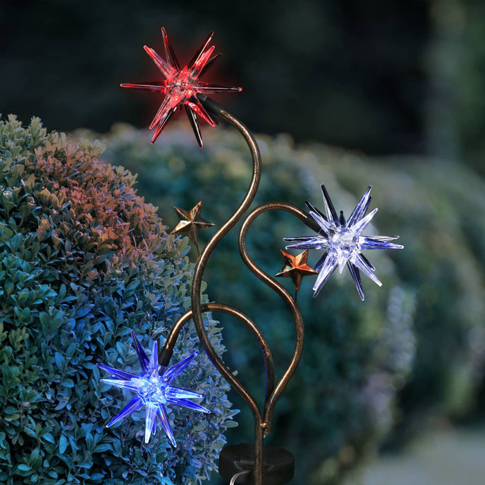 Solar Patriotic Triple Starburst Garden Stake in Red, White, and Blue with Three LED Lights, 11 by 33 Inches