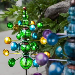 Three Tier Wind Spinner Garden Stake with Glass Crackle Balls in Green, 14 by 48 Inches | Shop Garden Decor by Exhart