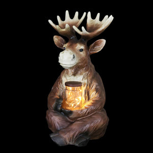 Solar Moose Garden Statue Holding a Glass Jar with Eight LED Firefly String Lights, 8.5 by 12.5 Inches | Exhart