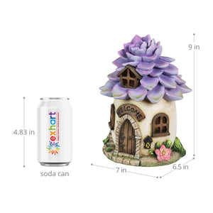 Solar Hand Painted Fairy House Garden Statue, Welcome Sign and Purple Succulent Petal Roof, 7 by 9 Inches | Exhart