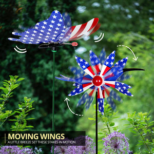 Set of 3 Patriotic WindyWings Garden Stake Assortment in Butterfly, Hummingbird Whirligig and Eagle, 7 by 30 Inches | Exhart