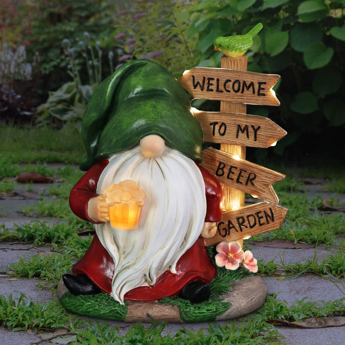 Solar Gnome with a Welcome to my Beer Garden Sign, 8 by 9.5 Inches