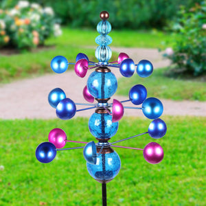 Three Tier Wind Spinner Garden Stake with Glass Crackle Balls in Blue, 14 by 48 Inches | Shop Garden Decor by Exhart