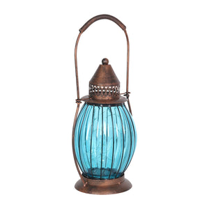 Solar Antique Metal and Sea Blue Glass Accent Lantern with Fifteen LED Firefly String Lights, 7 by 14 Inches | Exhart