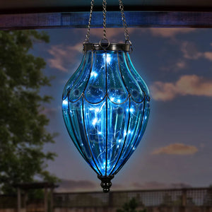 Solar Blue Glass Hanging Lantern with Waving Metal Pattern, 7.5 by 25 Inches | Shop Garden Decor by Exhart