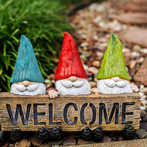 Solar Welcome Sign Held by Three Garden Gnomes Statuary, 13 by 8.5 Inches | Shop Garden Decor by Exhart