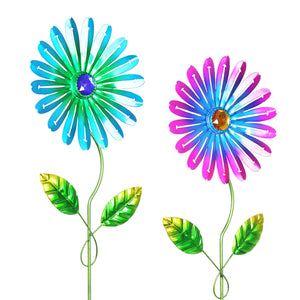 2 Piece Metal Zinnia Flower Stake Set with Jewel Center in Teal and Pink, 6 by 15.5 Inches | Shop Garden Decor by Exhart