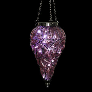 Solar Tear Shaped Lavender Hand Blown Glass Hanging Lantern with Fifteen Cool White LED lights, 7 by 24 Inches | Exhart