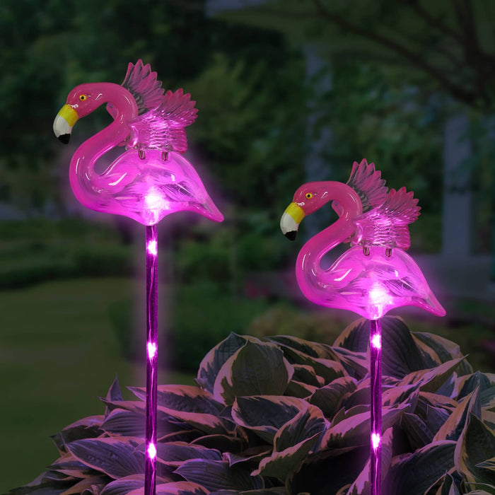 2 Piece Solar Pink Flamingo WindyWing Stakes with Pink LED lights, 4.5 by 27.5 Inches
