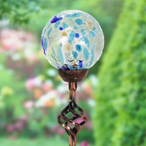 Solar Pearlized Honeycomb Glass Ball Garden Stake with Metal Finial in Light Blue, 4 by 31 Inches | Exhart