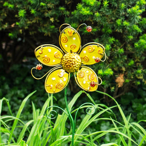 Whimsical Yellow Flower Garden Stake Made of Glass and Metal, 11 by 36 Inches | Shop Garden Decor by Exhart