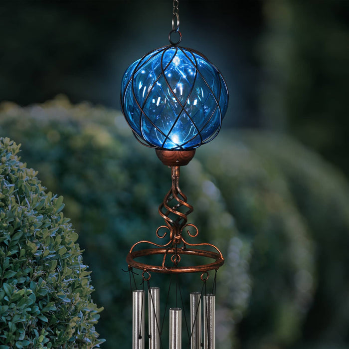 Solar Caged Blue Glass Wind Chime with Metal Finial, 6 by 45 Inches