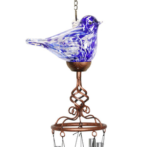 Solar Hand Blown Pearlized Glass Bird Wind Chime in Blue, 7 by 44 Inches | Shop Garden Decor by Exhart